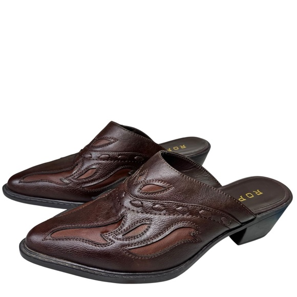 Roper Brown Tooled Leather Western Flame Mules Clogs Pointed Toe Heels Size 10 - Picture 9 of 10